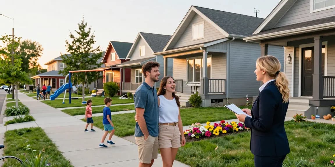 Discover the best Edmonton neighborhoods through a realtor engaging a couple, illustrating community warmth and home features.