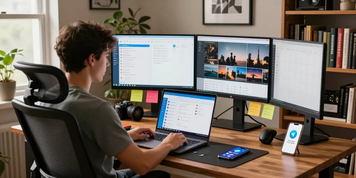 Using Telegram Web Version on a laptop in a modern home office with vibrant decor.