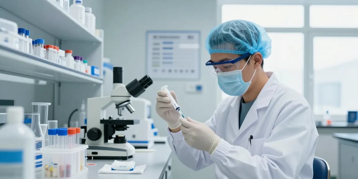Healthcare professional demonstrating luer lock syringe technique in a clean lab environment, ensuring patient safety.