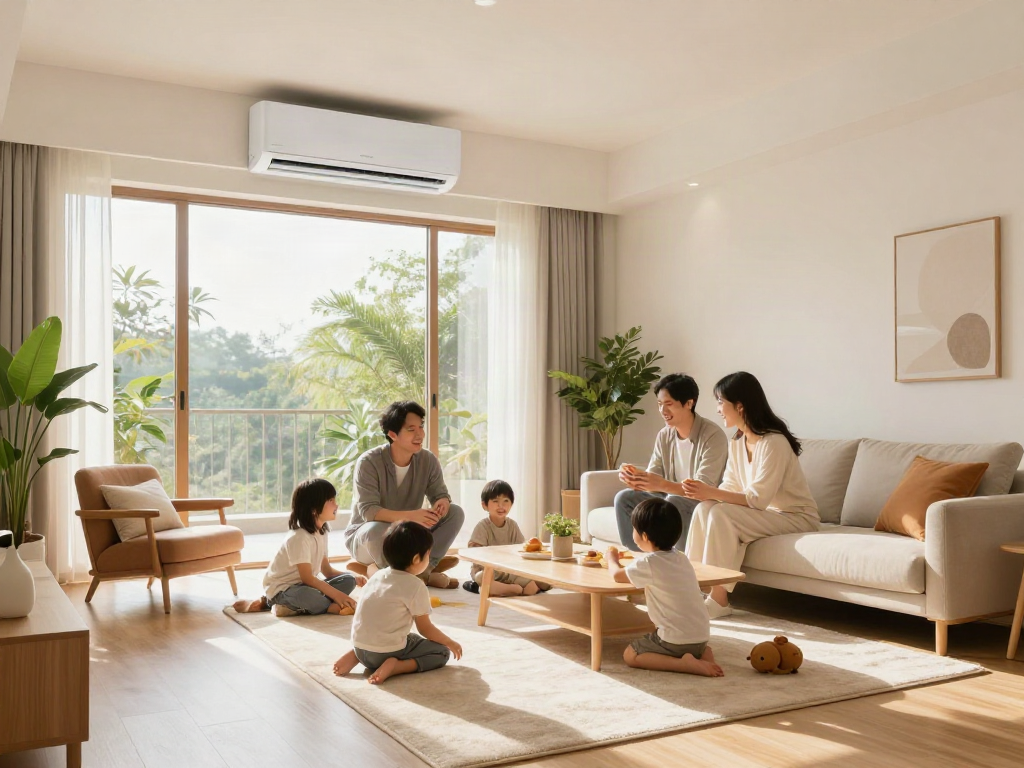 Ductless AC system in a cozy family living room with children playing.