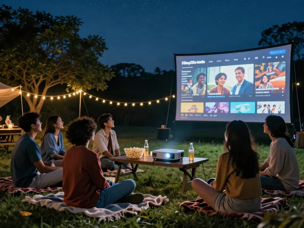 Friends enjoying a movie night with FilmyZilla Media under a starry sky.