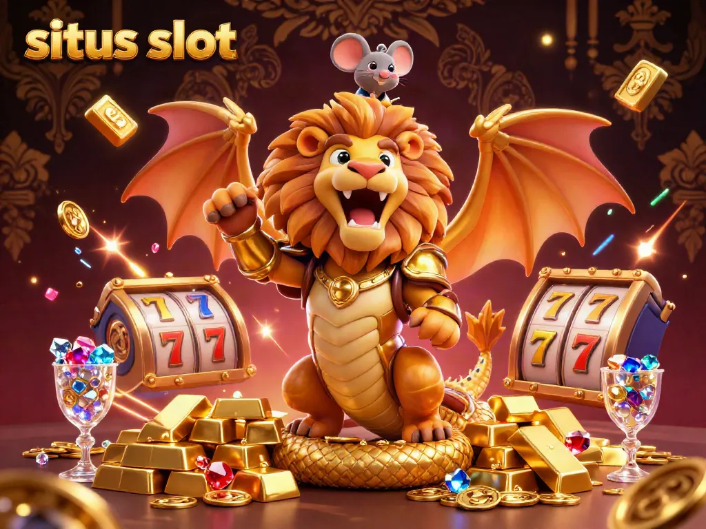 Spin and win at the situs slot, featuring a chimera creature and treasures from the casino world.