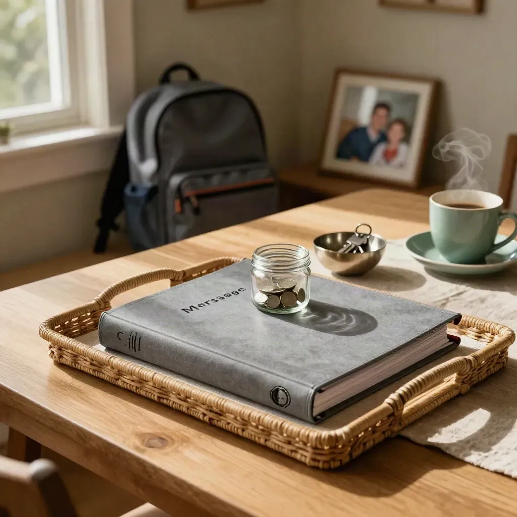 Warm family nook with savings jar, mortgage binder, keys, backpack, and a steaming mug.