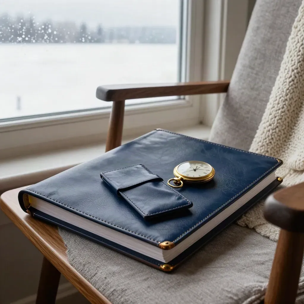 Closed retirement binder with pocket watch and glasses case in a winter lakeside sunroom at dawn.