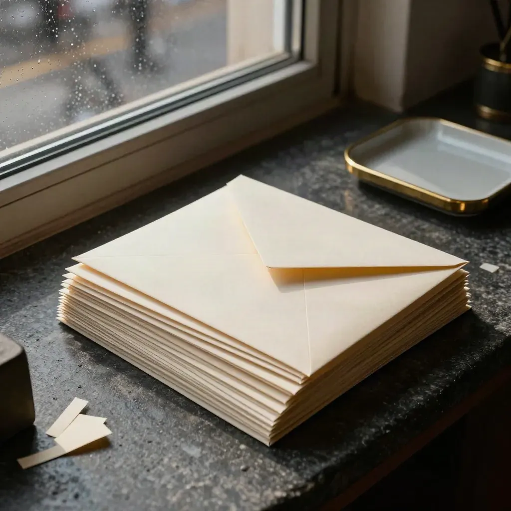 Overhead finance still life with envelopes, ledger pages and a stone tray in a basement office.