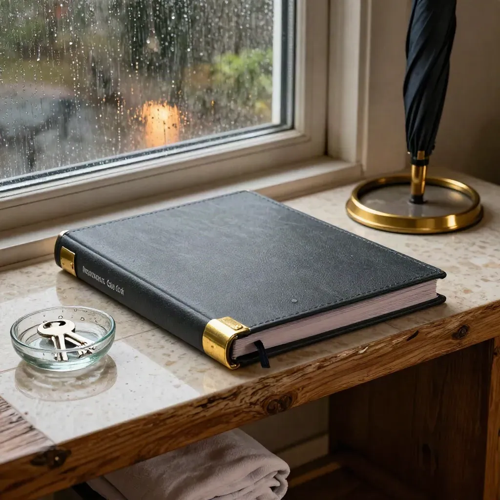 Macro of a home entry bench with an insurance binder, key bowl, umbrella stand, and emergency blanket in rainy light.