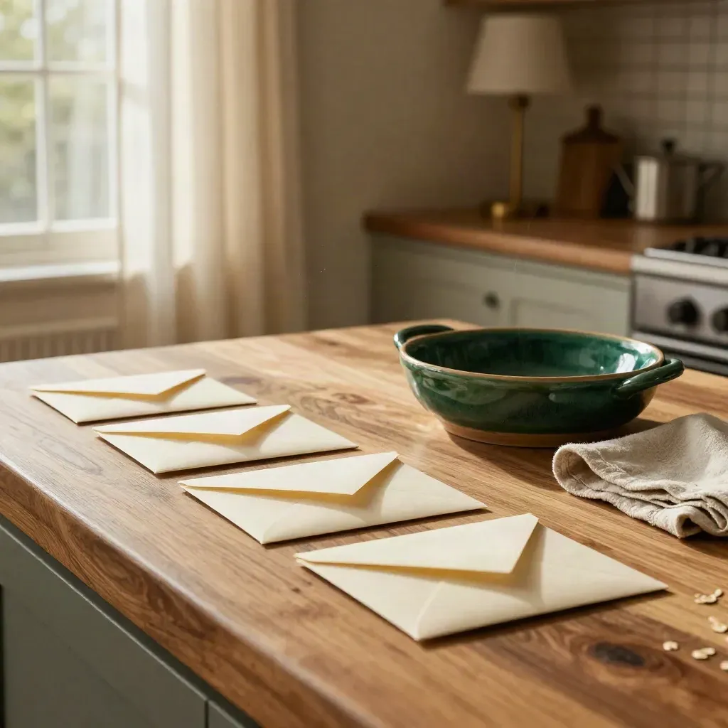 Envelopes lined up on a sunlit kitchen counter beside a ceramic dish and folded linen cloth.