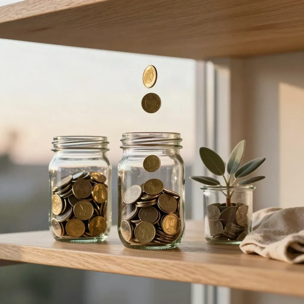 Top-down of three glass savings jars with coins, a small plant, and a linen napkin on pale oak.