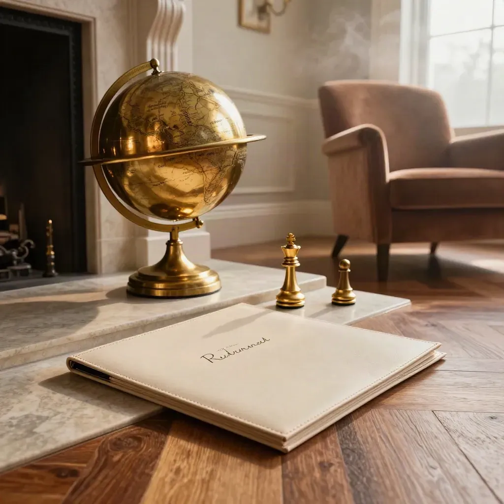 Brass globe, retirement folder, chess rook, and armchair in a sunlit modern den.