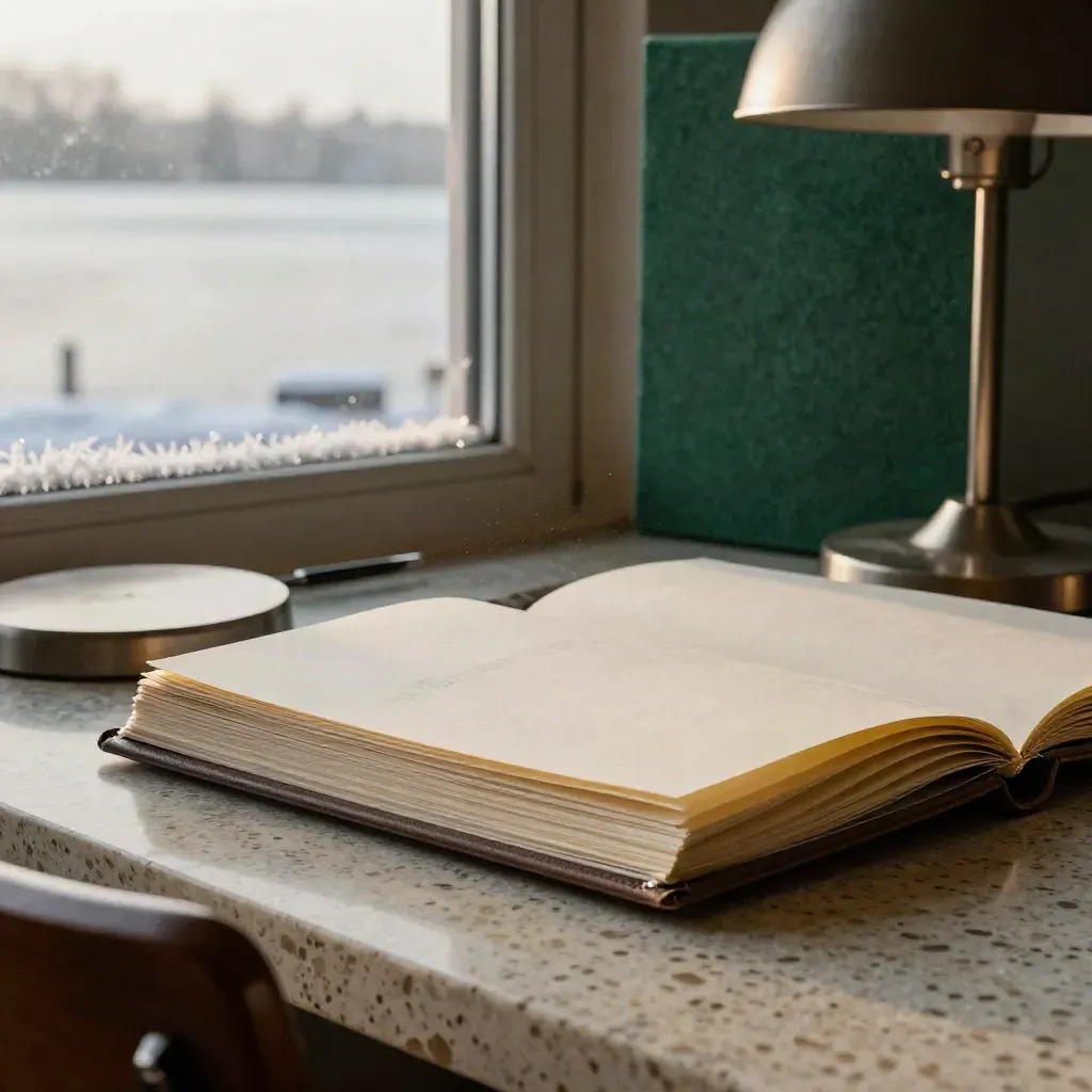 Frost-edged lakeside office corner with open binder, chair, side table and soft winter light.