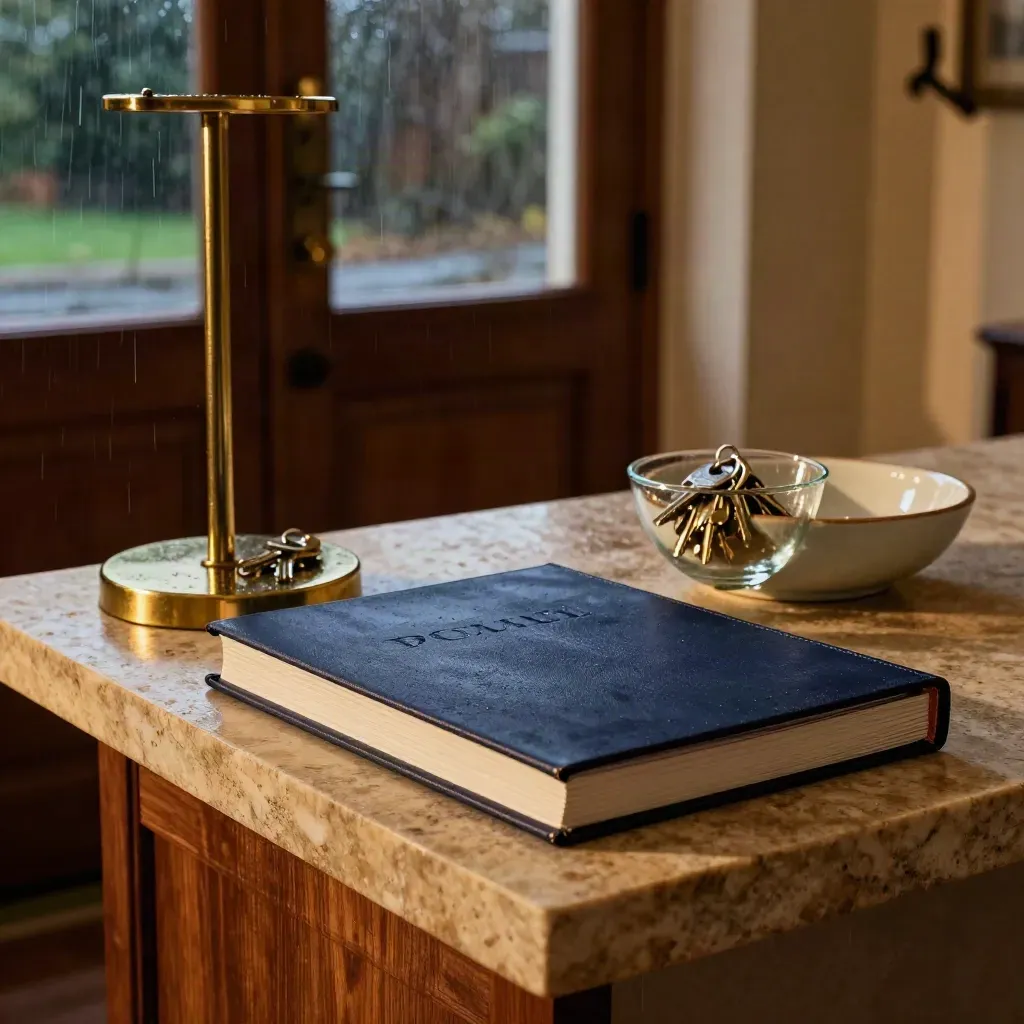 Rainy entry table with binder, umbrella stand, and keys in warm evening light.