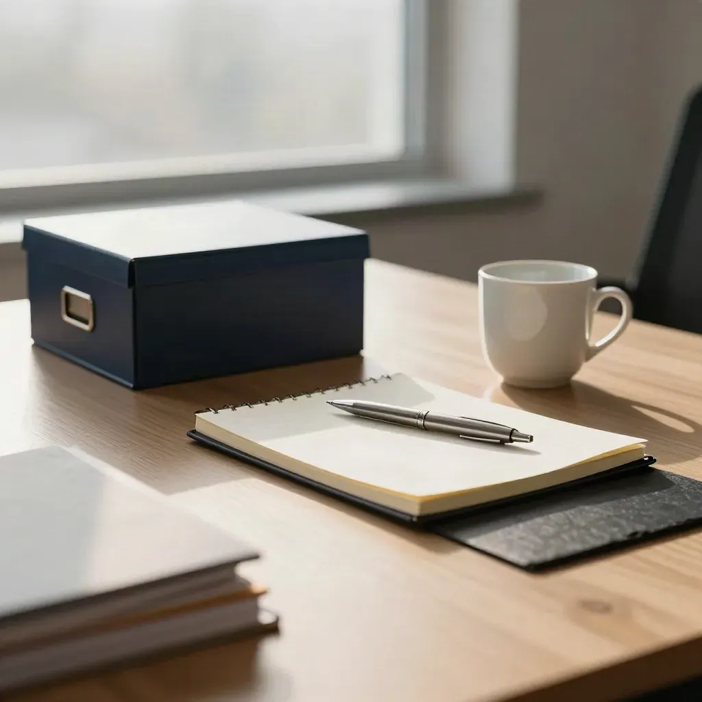 Morning consultation setup with a navy file box, notebook, cup, and pen on a bright table.