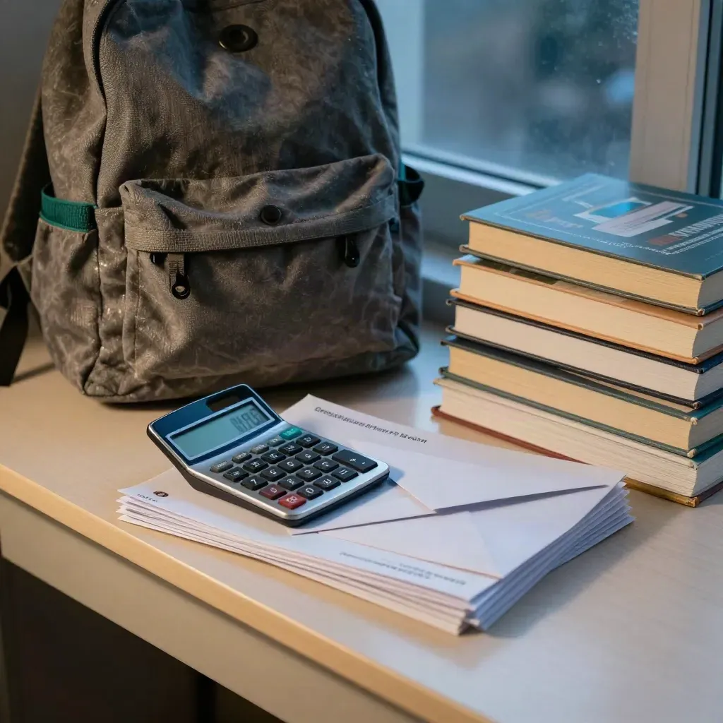 Top-down student debt planning scene with calculator, envelopes, backpack and books at night.