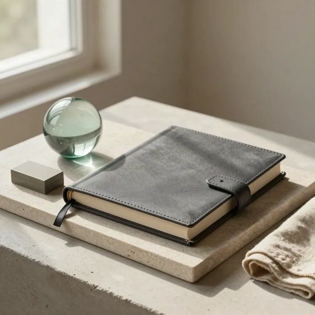 Charcoal finance binder, glass orb and index box on stone tray in soft window light.