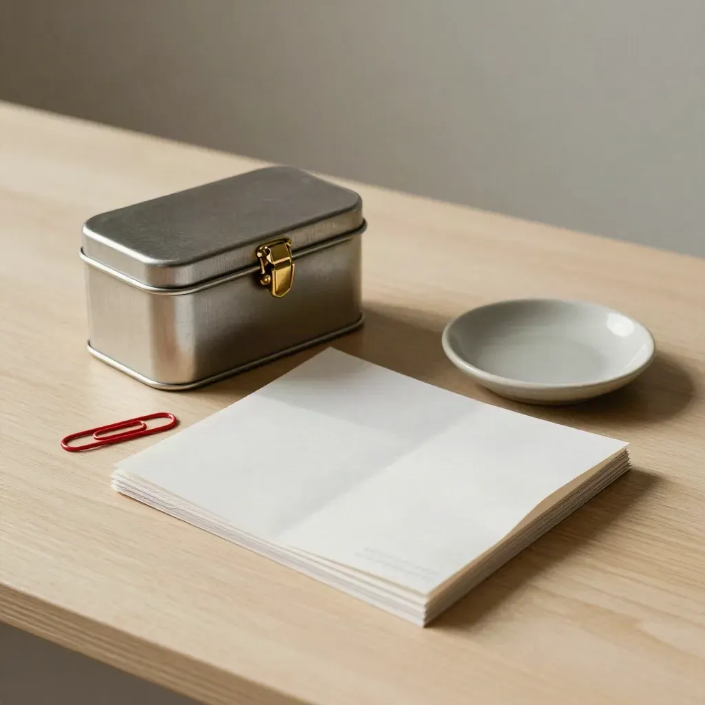 Receipt tin, accordion file, red paperclip, and ceramic dish on pale wood for tax-time sorting.