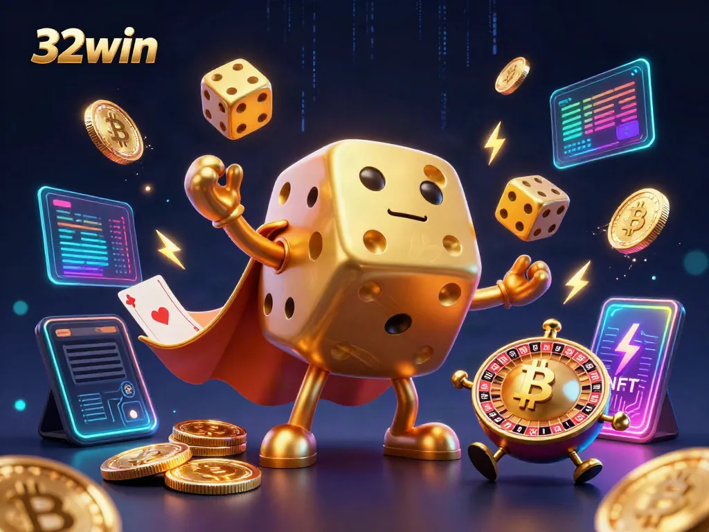 Experience the thrill of 32win casino as golden dice juggle cash, highlighting jackpots and crypto symbols.