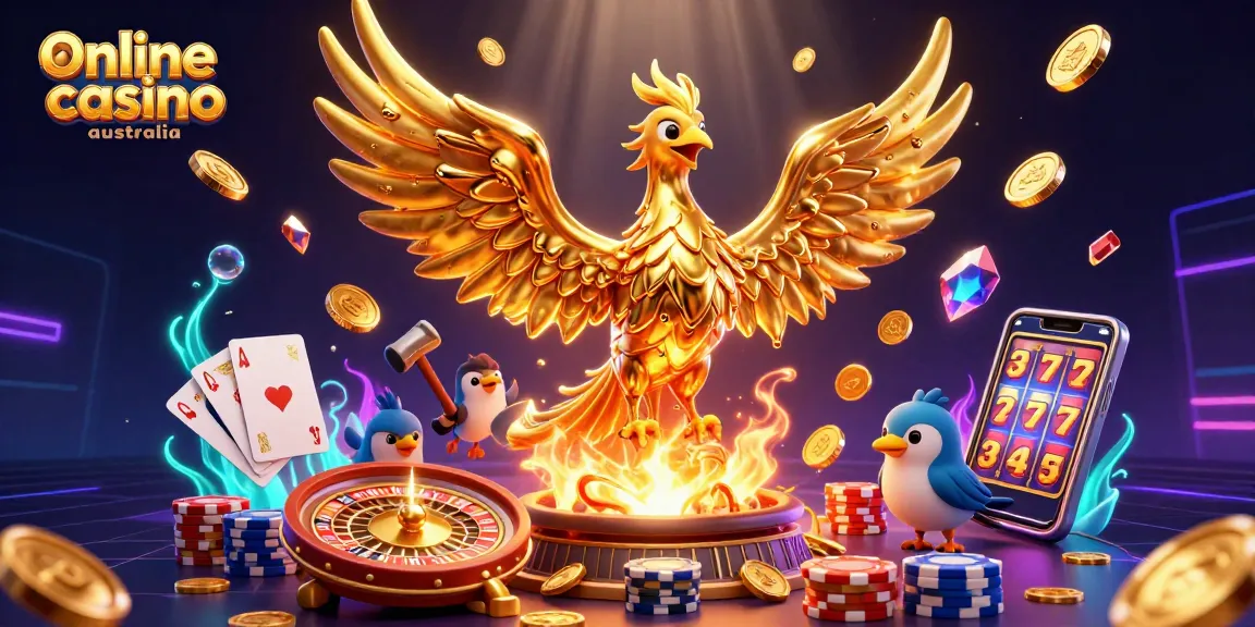 Engage in the thrilling online casino Australia experience with a vibrant 3D scene of golden jackpot elements.